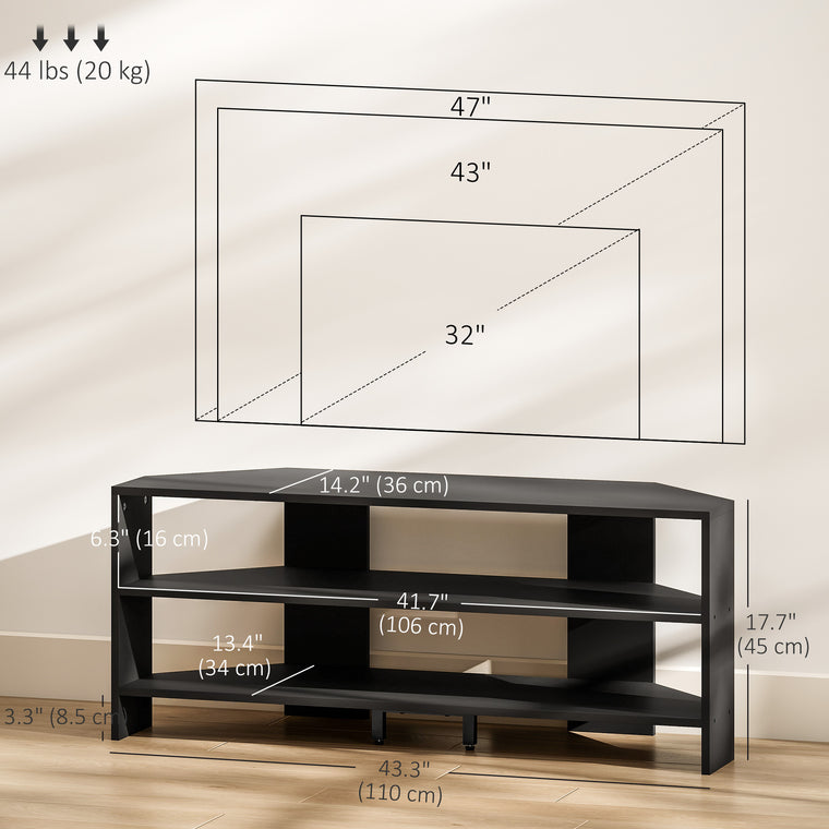 Corner TV Stand for 47" TV with Open Shelves - Black