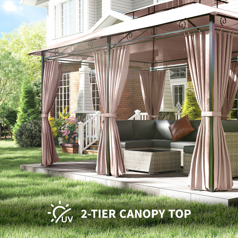 10' x 13' Khaki Gazebo with 2-Tier Roof & Curtains