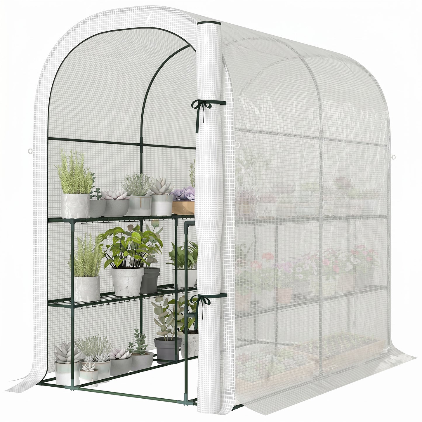 Walk-in Mini Greenhouse with Shelves, Portable Outdoor Greenhouse with Roll-up Door, 123 x 187 x 189 cm, White
