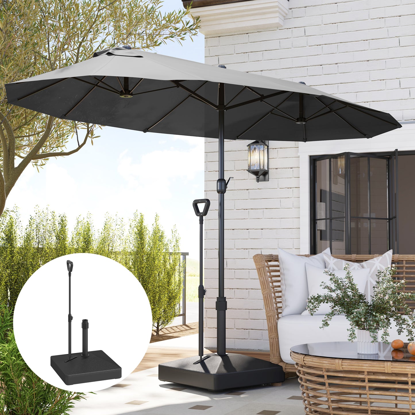 Square Plastic Patio Umbrella Base with Adjustable Wheels, Handle, Outdoor Patio Umbrella Stand, Filled Up to 121lb with Stand, 99lb with Water for Garden Poolside, Black
