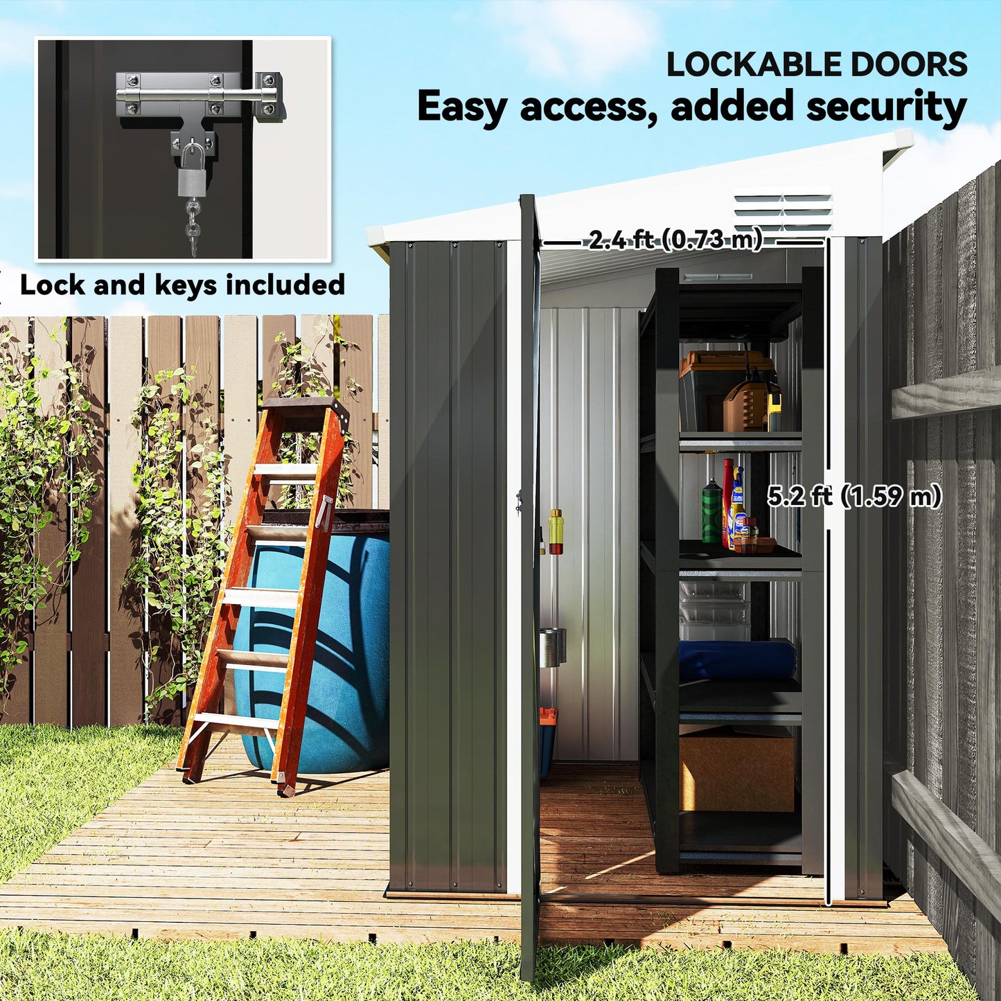Outdoor Storage Shed Lean to Shed Outdoor Metal Tool Shed with Lockable Door and Air Vents, Dark Grey