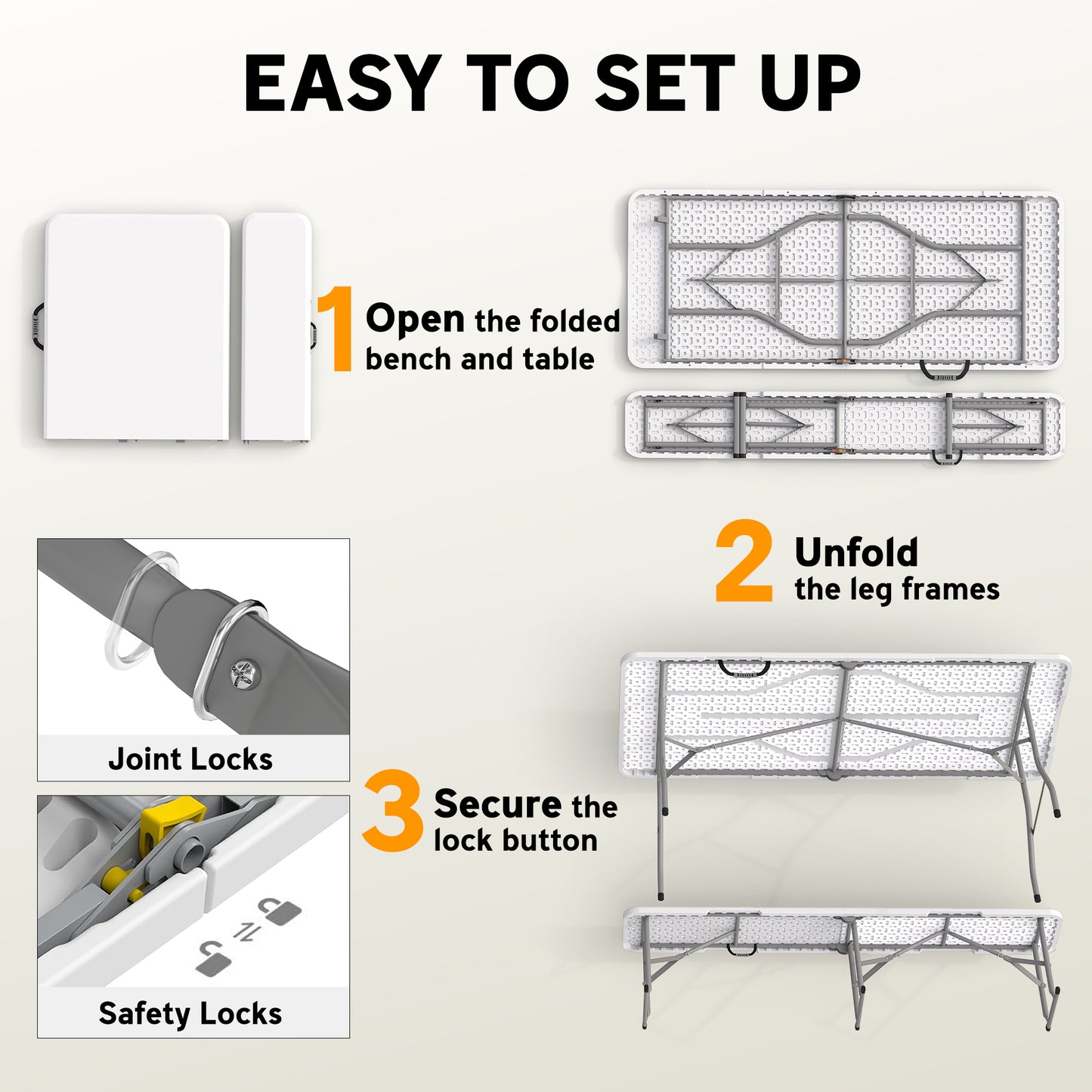 6FT 3-Piece Portable Outdoor Camping Table Bench Set with Carrying Handles, Folding Picnic Table with 2 Benches, White
