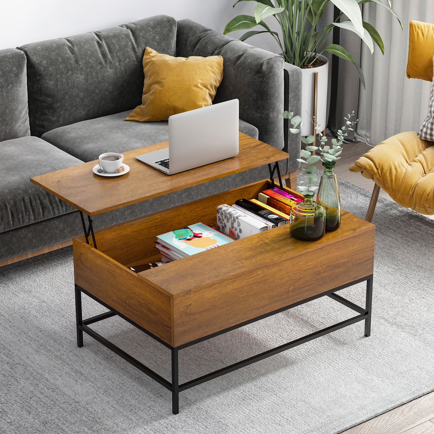 Lift Top Coffee Table with Hidden Storage Compartment Lift Tabletop Center Table for Living Room, Teak