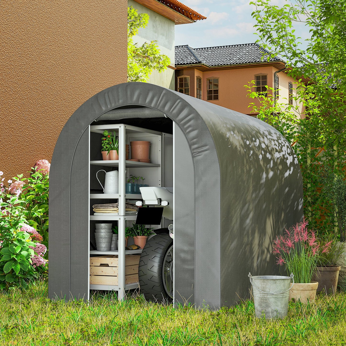 Outdoor Storage Shed, Heavy Duty Galvanized Steel Portable Shed for Bike, Motorcycle, Garden Tools, Black - 5' x 8'
