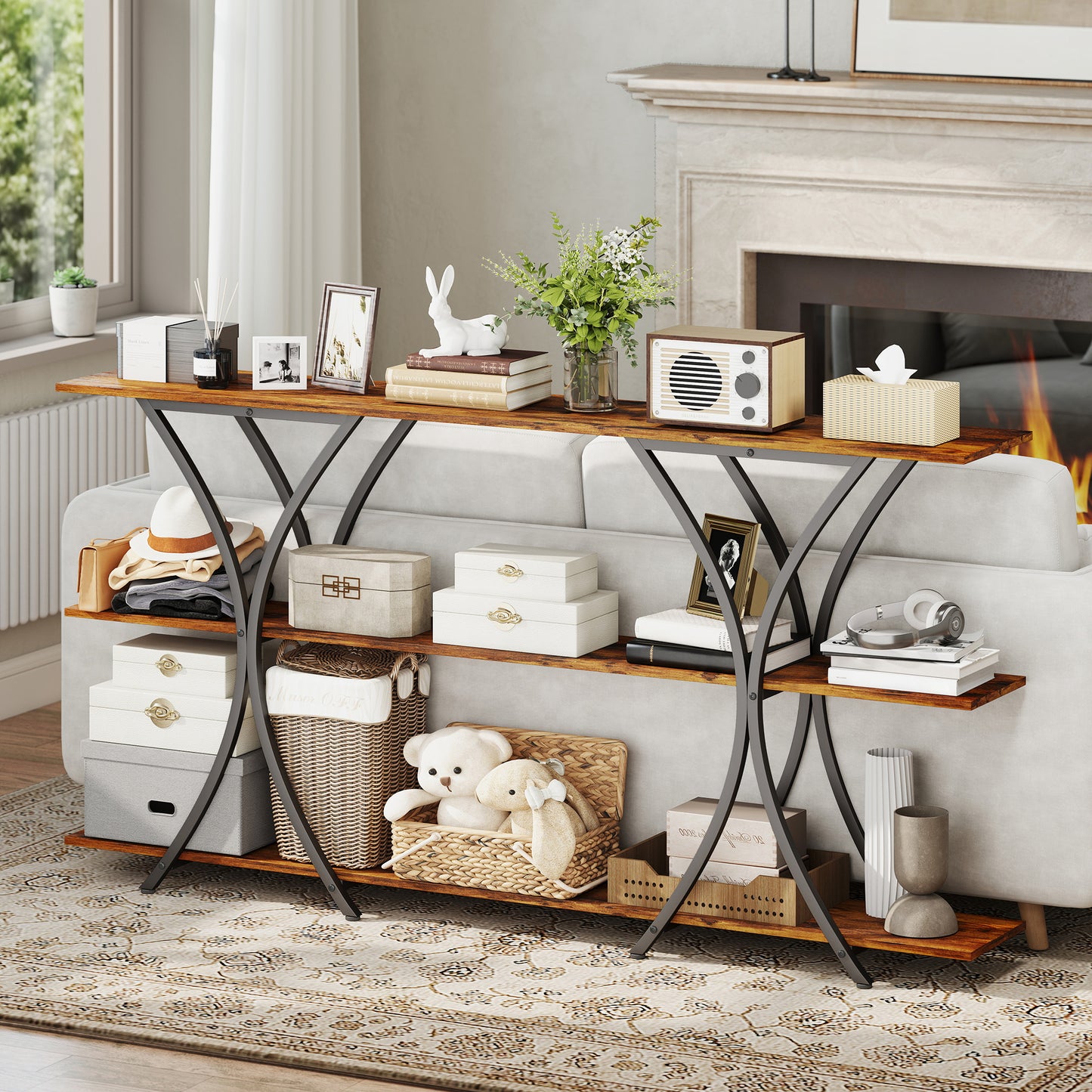 71" Console Table, 3-Tier Industrial Entryway Table with 2 Storage Shelves for Living Room, Hallway, Rustic Brown