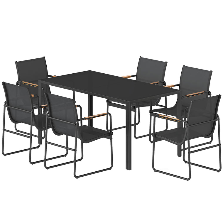 7-Piece Dining Set with Glass Table and Mesh Armchairs