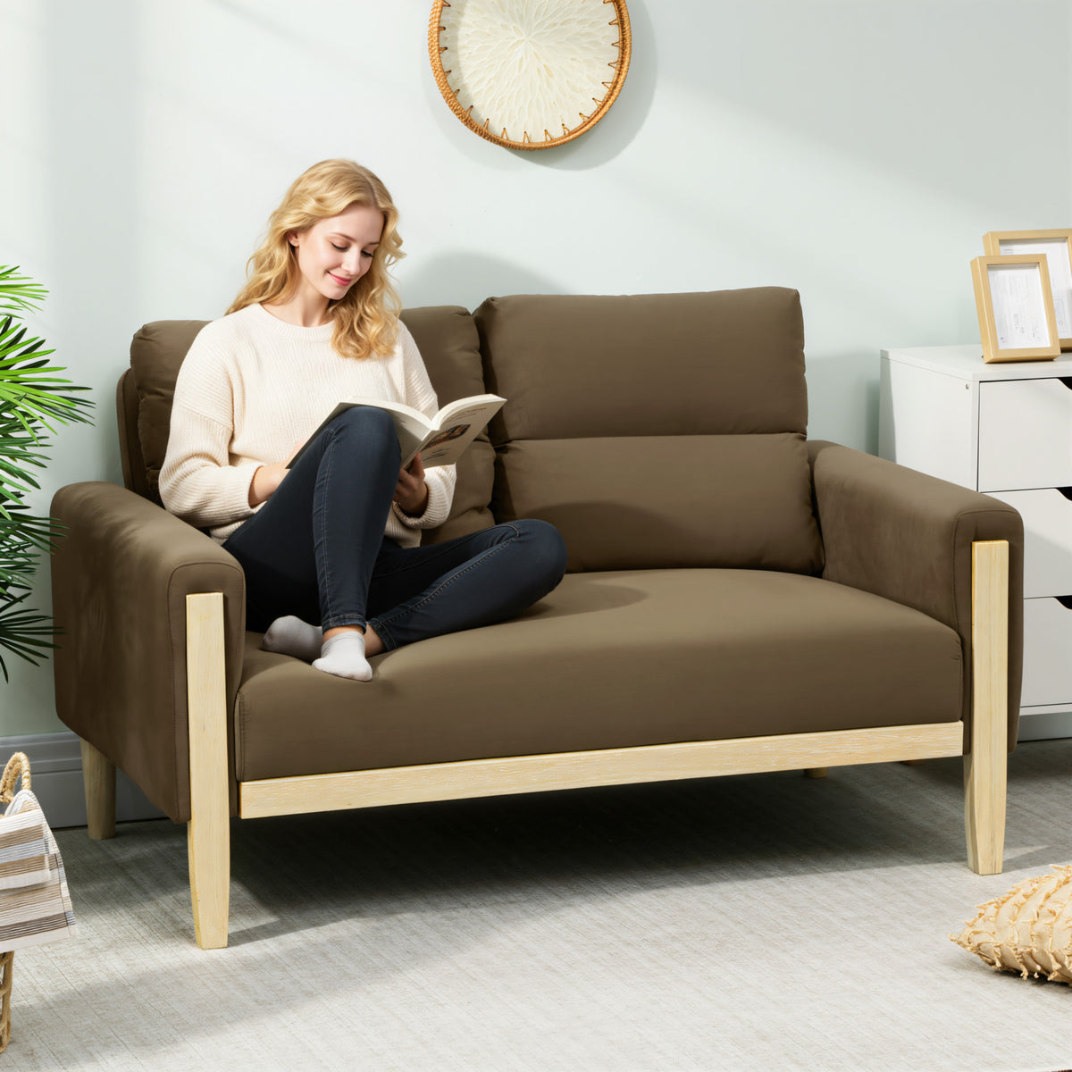 53" Loveseat Sofa, Small 2 Seater Couch with Solid Wood Legs, Modern Velvet Sofa for Living Room, Small Spaces,Brown