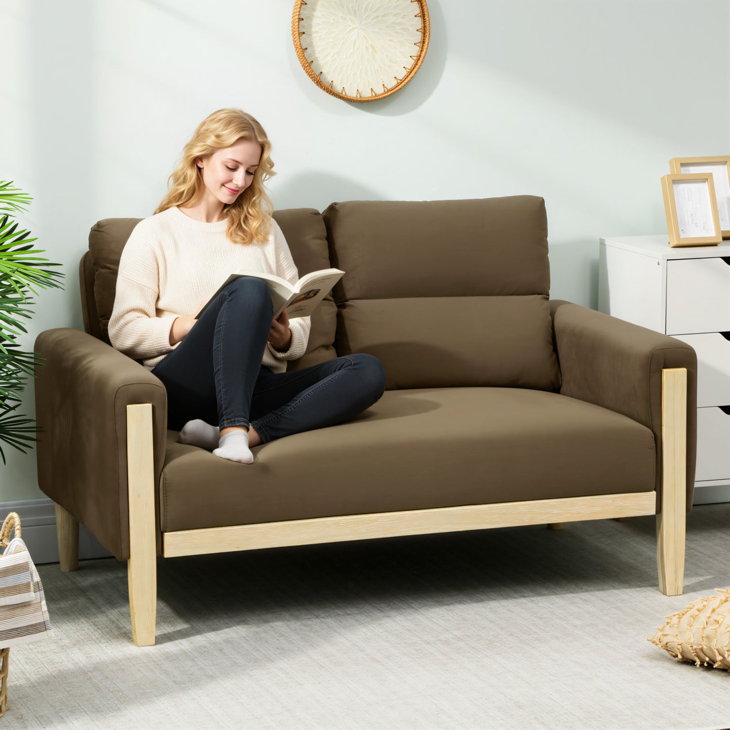 53" Loveseat Sofa, Small 2 Seater Couch with Solid Wood Legs, Modern Velvet Sofa for Living Room, Small Spaces,Brown