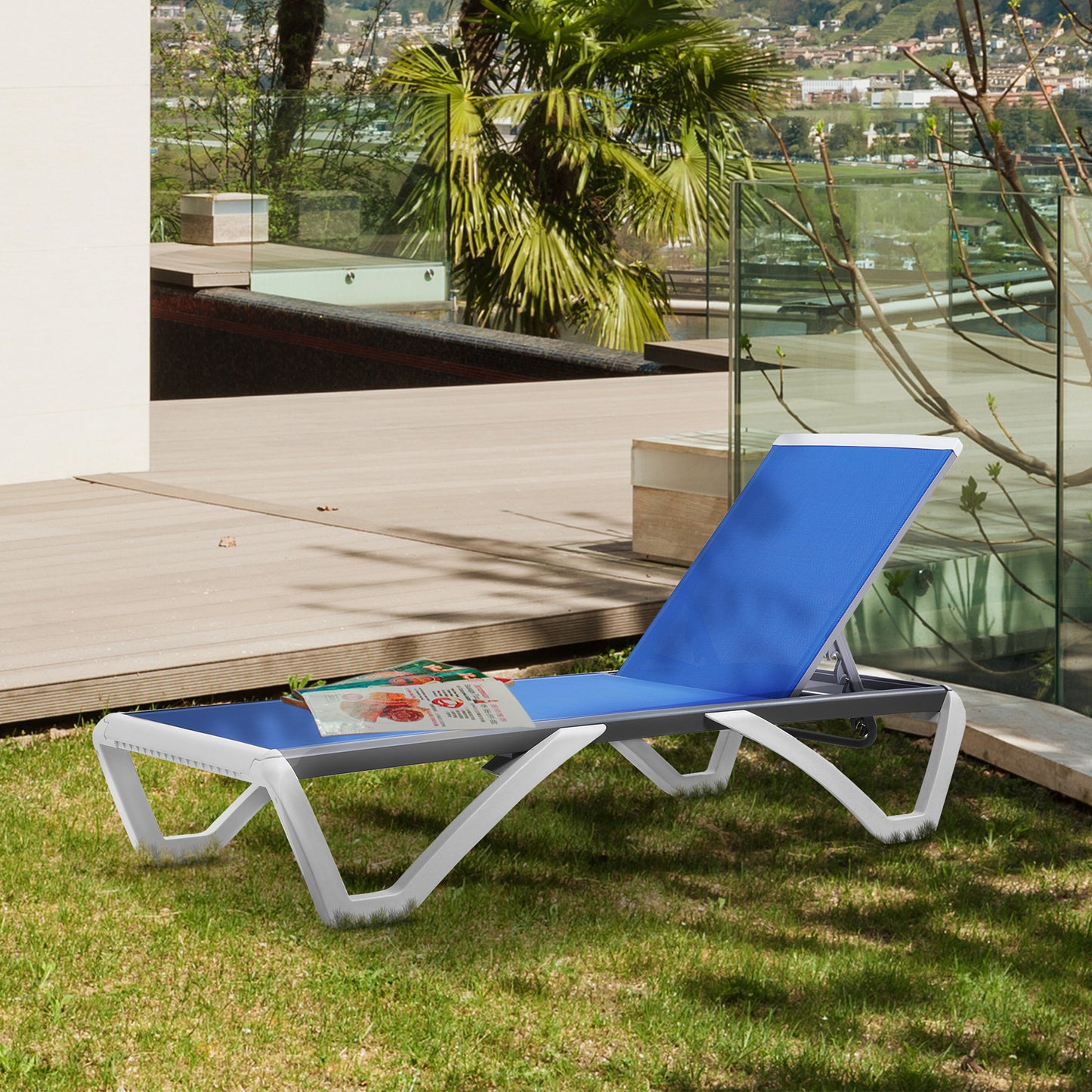 Outdoor Chaise Lounge Chair, Patio Aluminum Tanning Chair with 5-Level Adjustable Back, Portable Wheels, Breathable Mesh Fabric, for Pool, Deck, Garden, Blue