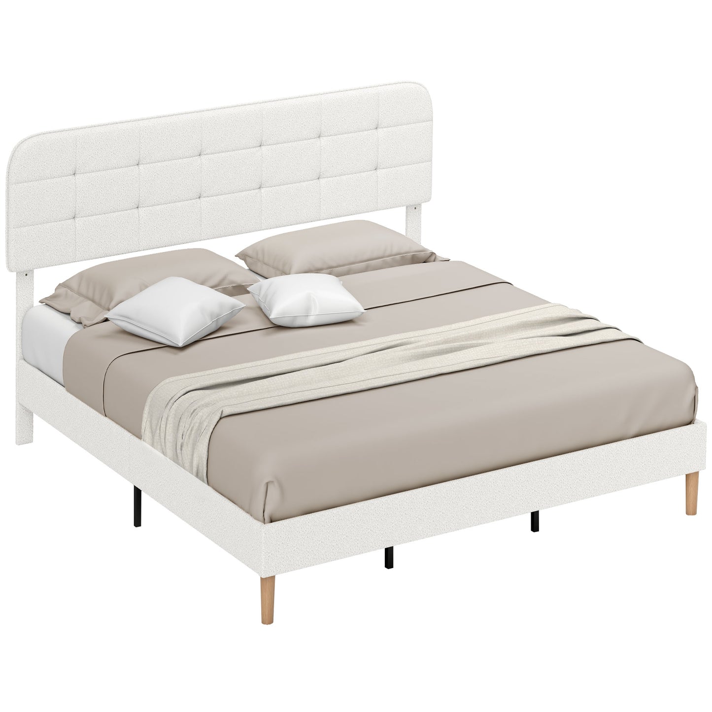 King Size Bed Frame with Adjustable Headboard Upholstered Platform Bed Frame with Wood Slat Support Noise Free White