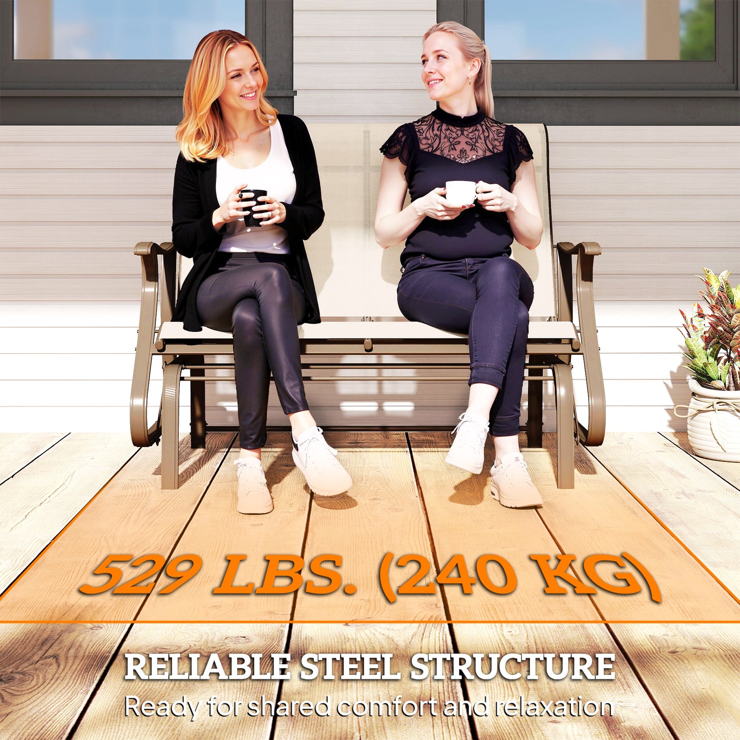 Garden Double Gliding Chair, Patio Glider Armchair for Outdoor, Backyard Mesh Seat and Backrest, Steel Frame, Light Grey