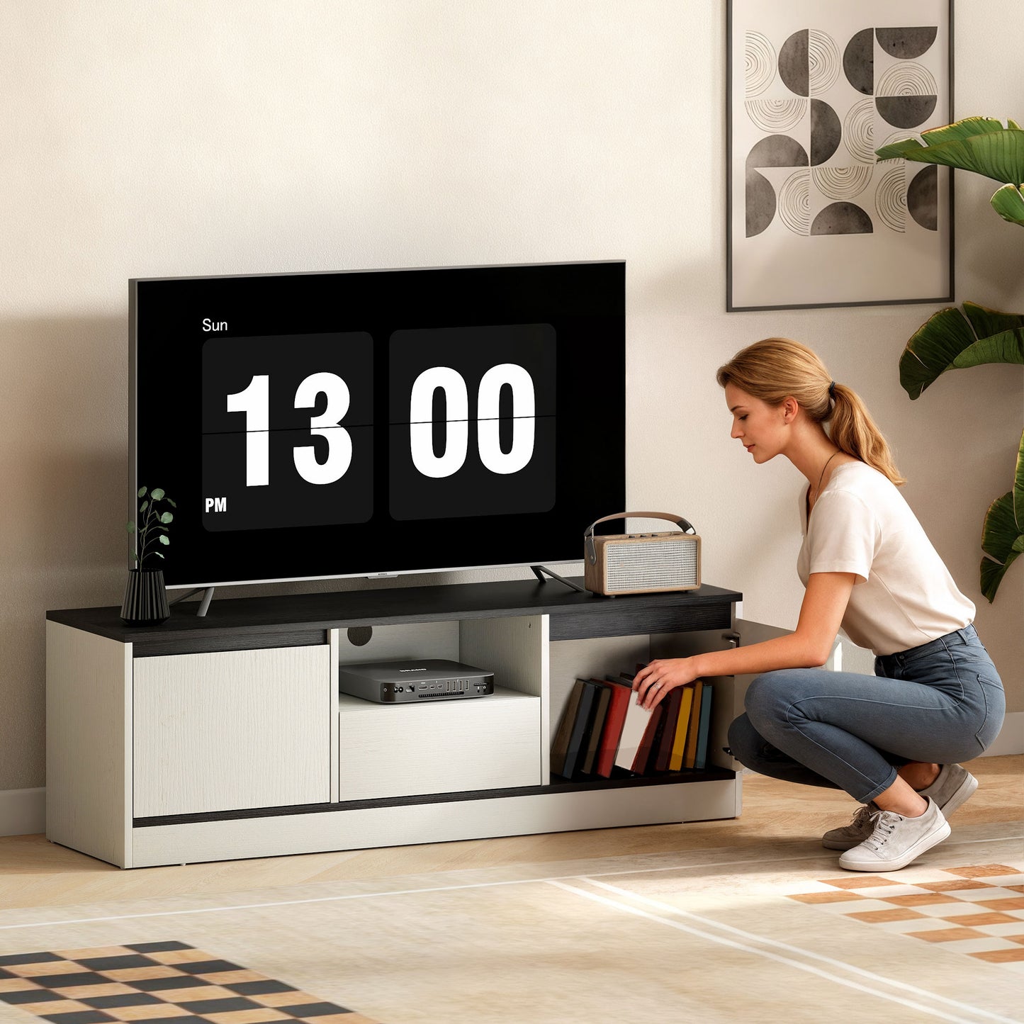 TV Stand for 43-55 Inch TV, Entertainment Center w/ Cabinets, Shelf, Drawer and Cable Management for Living Room, White