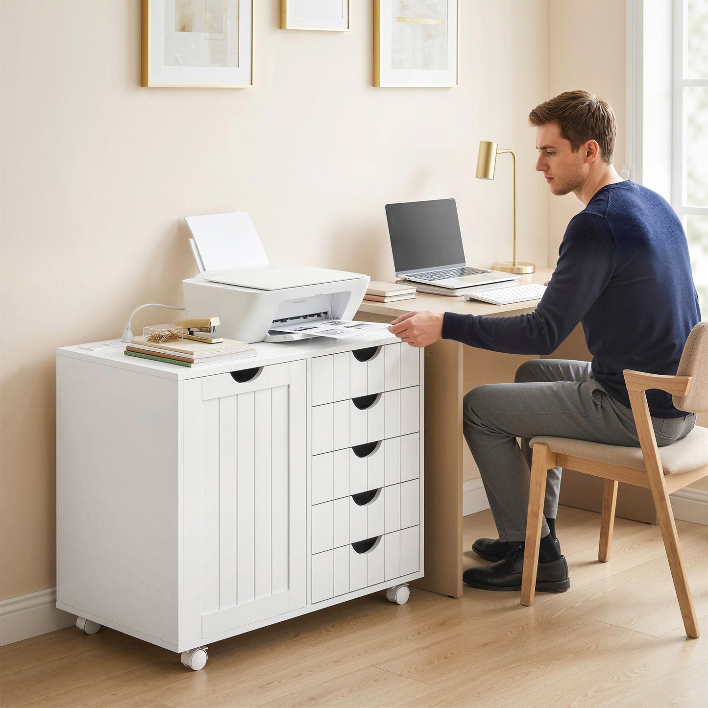 Mobile Lateral Filing Cabinet with 5 Drawers, Printer Stand with Power Outlets and USB Ports for Home Office, White