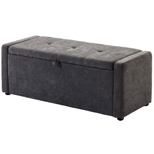 Linen-Look Storage Ottoman Bench - Dark Grey