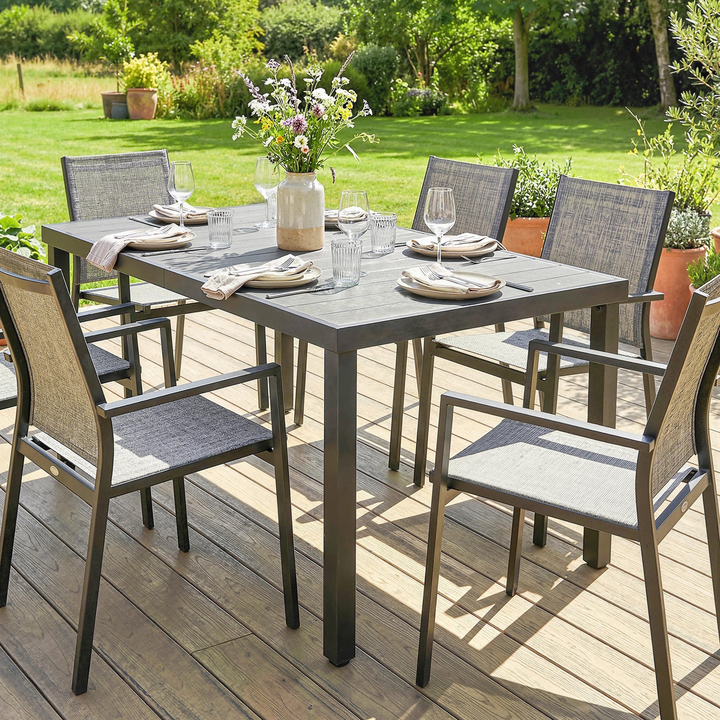 Rectangular Patio Table for 6, Outdoor Dining Table with Wood-Plastic Composite Top and Steel Frame for Garden, Grey