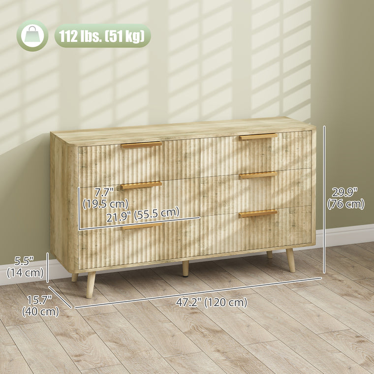 Fluted 6-Drawer Dresser with Pine Legs - Oak