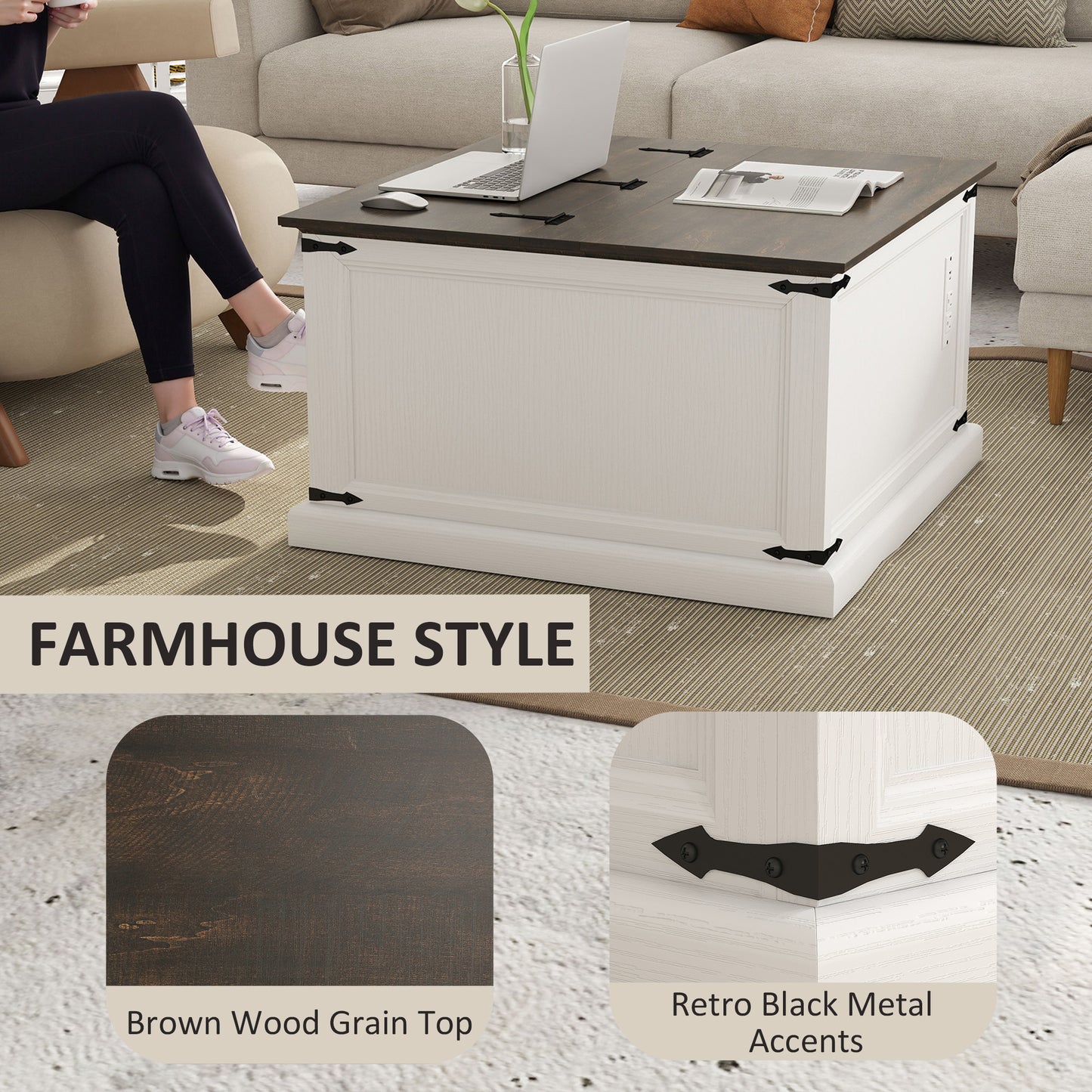 Lift Top Coffee Table with Charging Station, Square Farmhouse Center Table with Hidden Storage, White Wood Grain