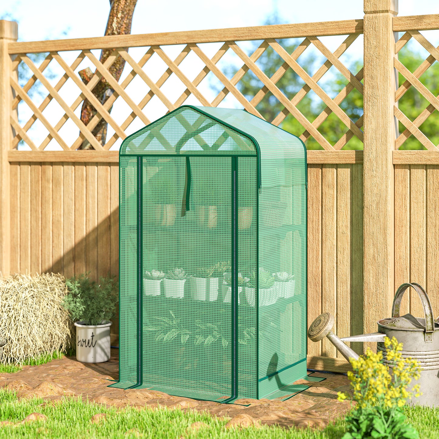 Mini Greenhouse with Screen Roof, Portable Small Greenhouse with Roll-Up Zipper Door