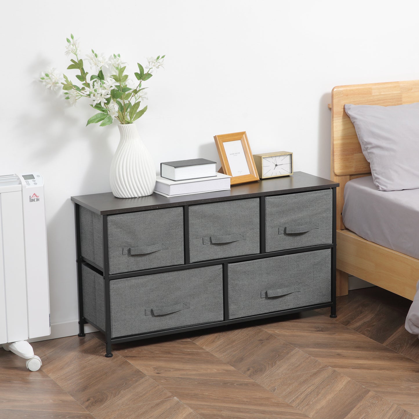 Linen Drawer Cabinet Organizer Storage Dresser Tower with 5 Removable Drawer Metal Frame Adjustable Feet for Living Room, Kitchen, Bathroom, Dark Grey
