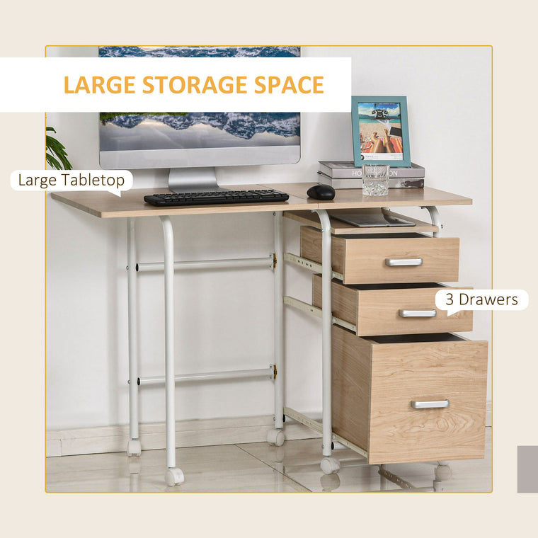 Foldable Computer Desk with Drawers and Wheels - Natural