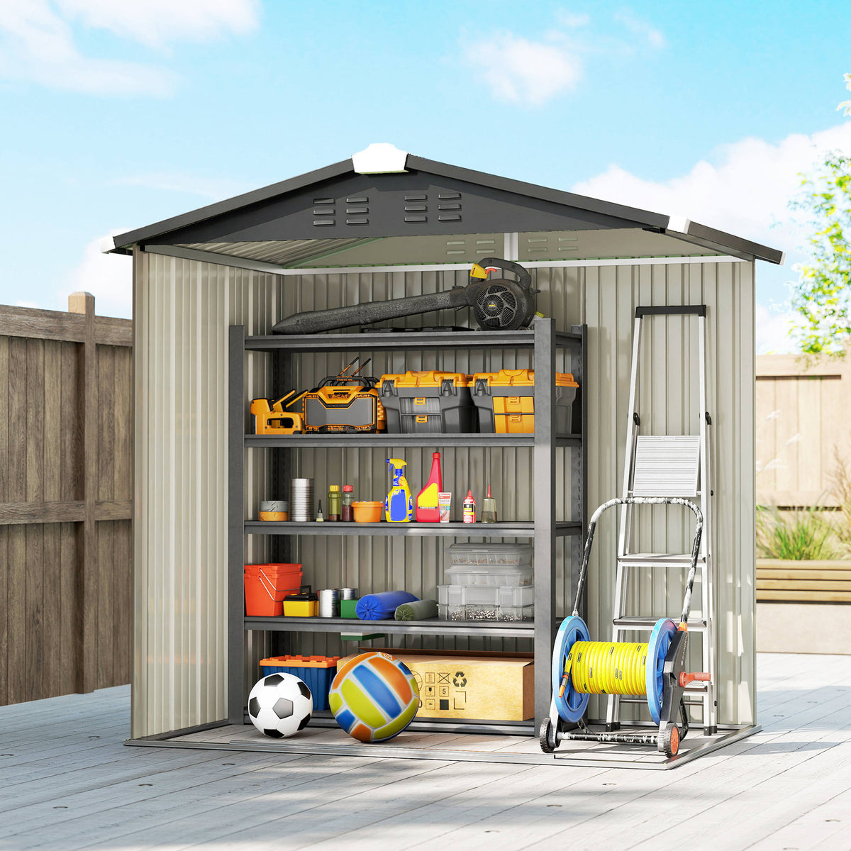 6.5' x 4' Metal Garden Shed with Lockable Doors - Light Grey