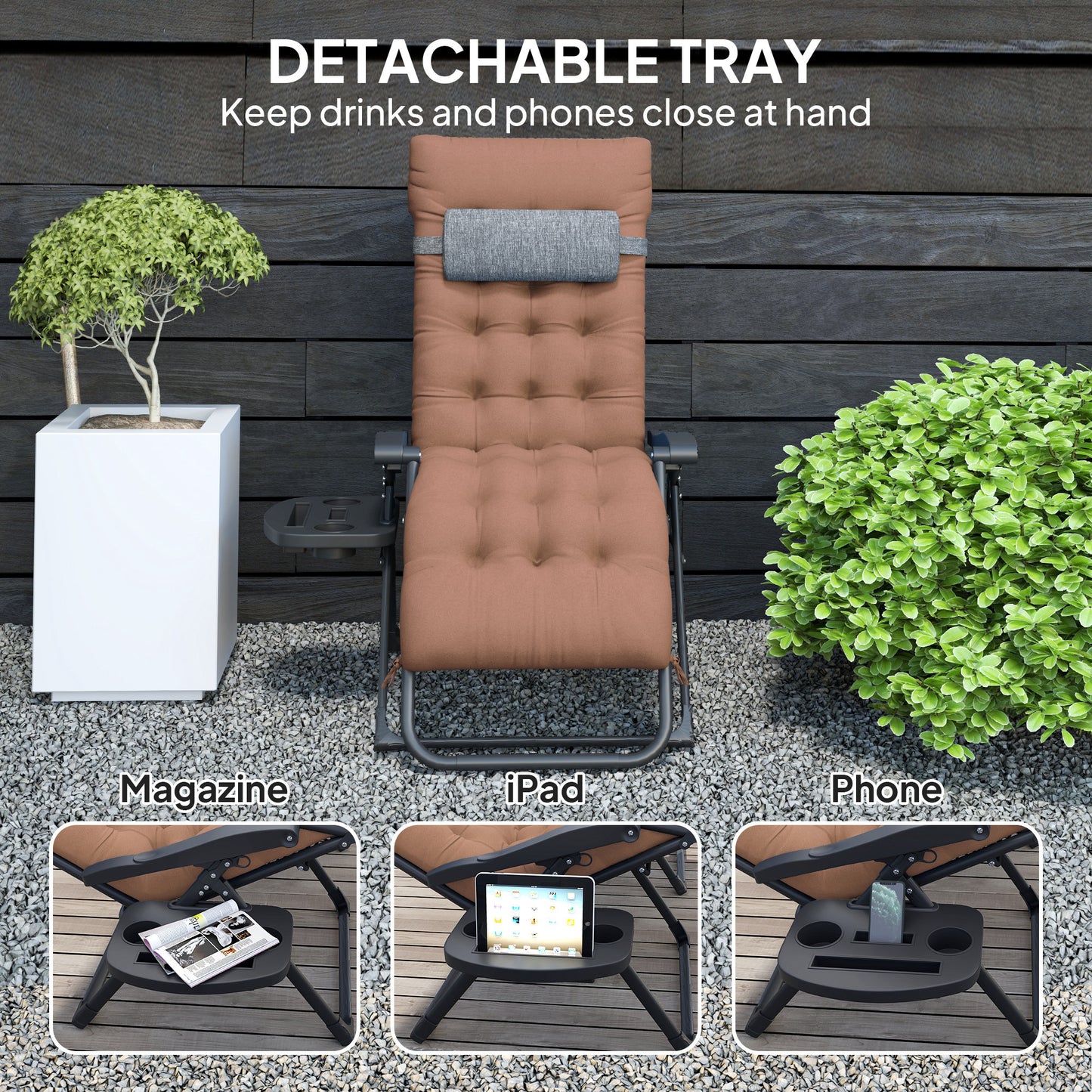 Padded Folding Recliner Chair, Patio Lounger with Cupholder, Adjustable Backrest, Removable Cushion, Navy Blue