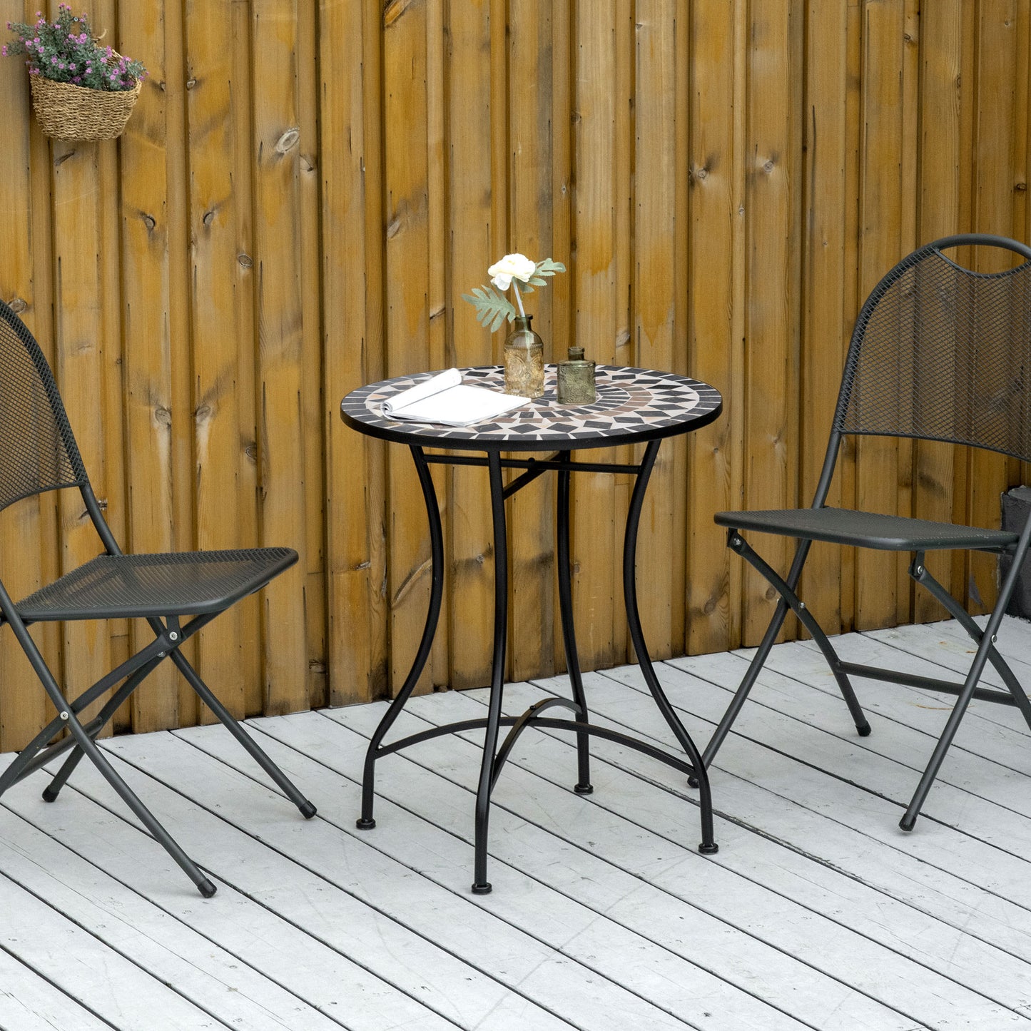 Mosaic Patio Table, Round Coffee Table with Metal Frame, Garden Furniture for Outdoor, Poolside, Black