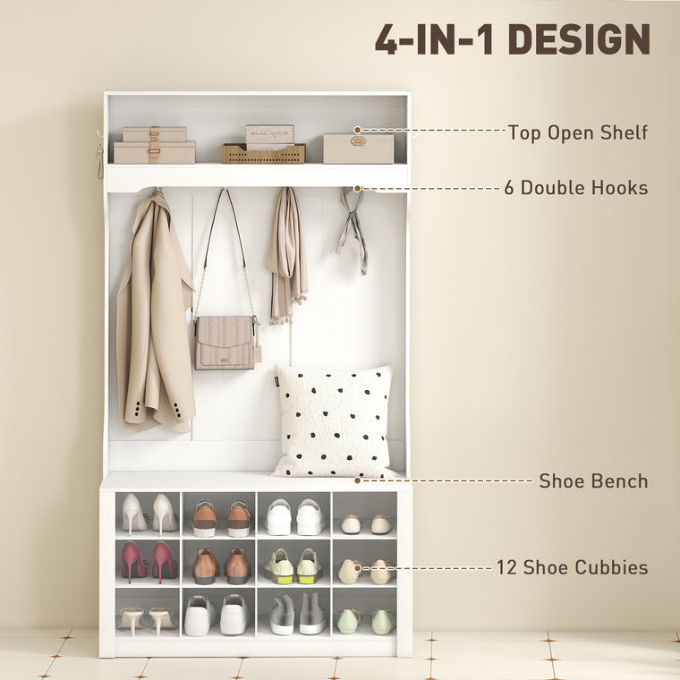 4-in-1 Hall Tree Bench with 12 Shoe Cubbies