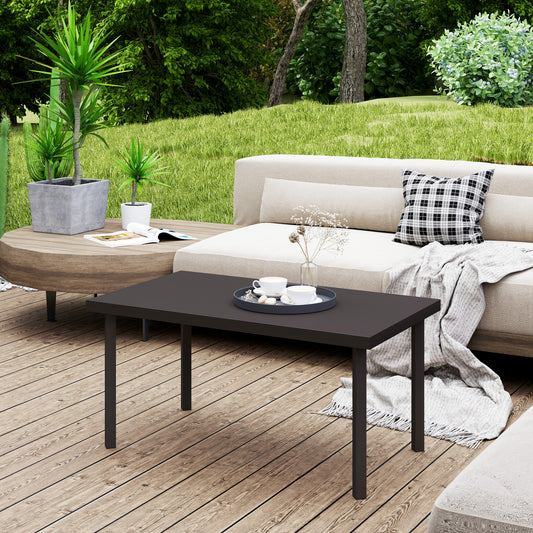 Metal Outdoor Side Table, Rectangle Patio Coffee Table with Woodgrain Tabletop for Outside Garden, Brown