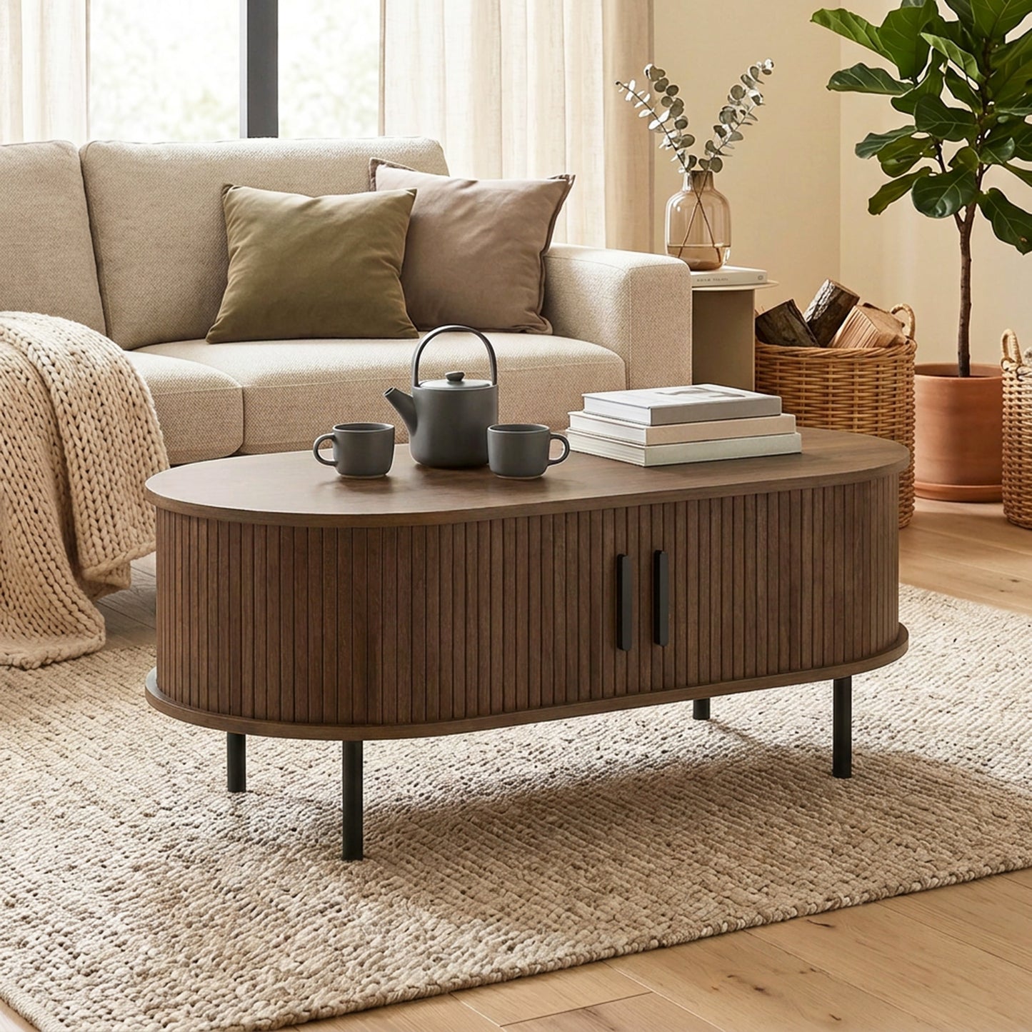 Coffee Table with Sliding Tambour Doors and Storage Center Table with Metal Legs, 39", Brown