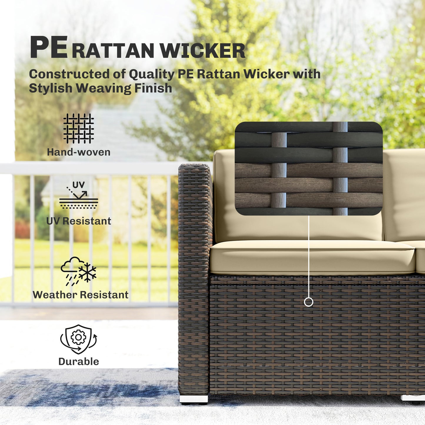 3 Pieces Patio Furniture Set with Cushions, Outdoor PE Rattan Wicker Conversation Corner Sofa Set, Khaki