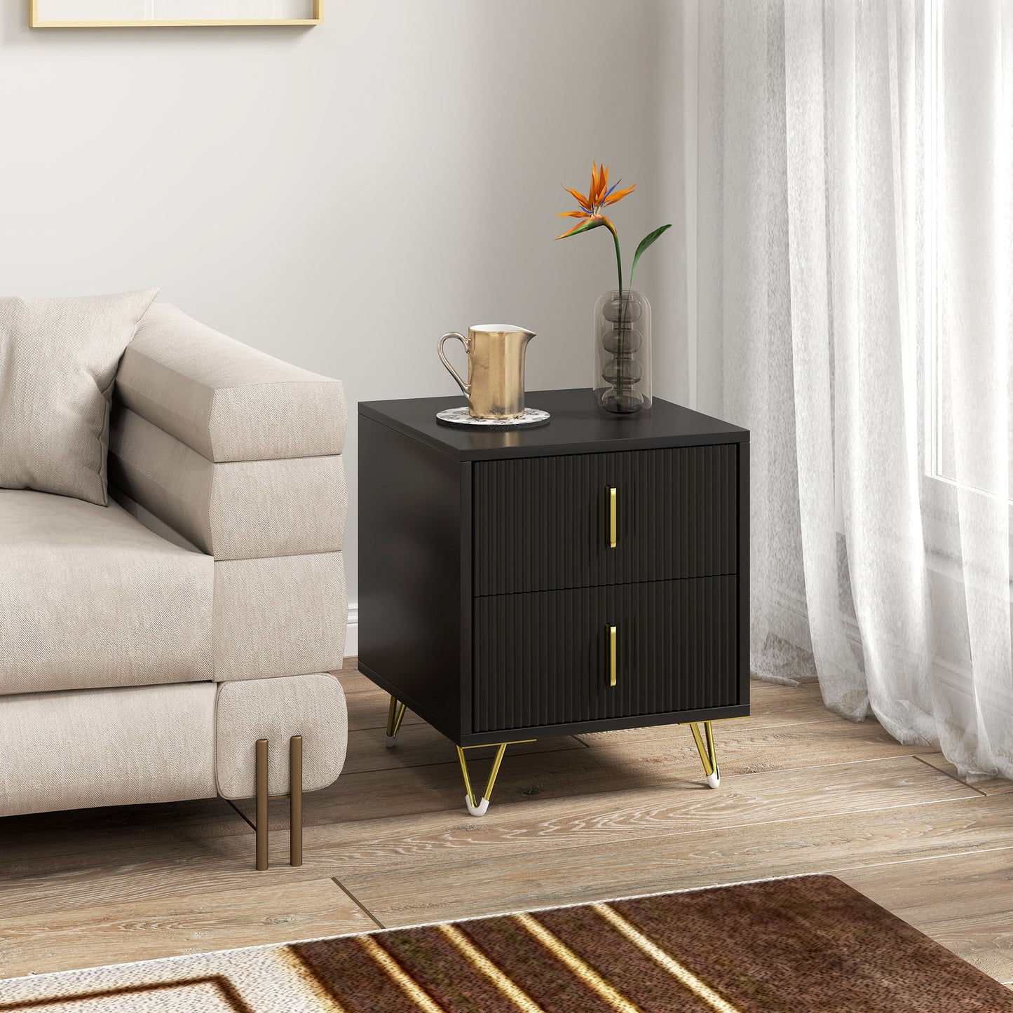 Bedside Table, Modern Nightstand with 2 Drawers, Side End Table with Metal Legs for Living Room, Bedroom, Black