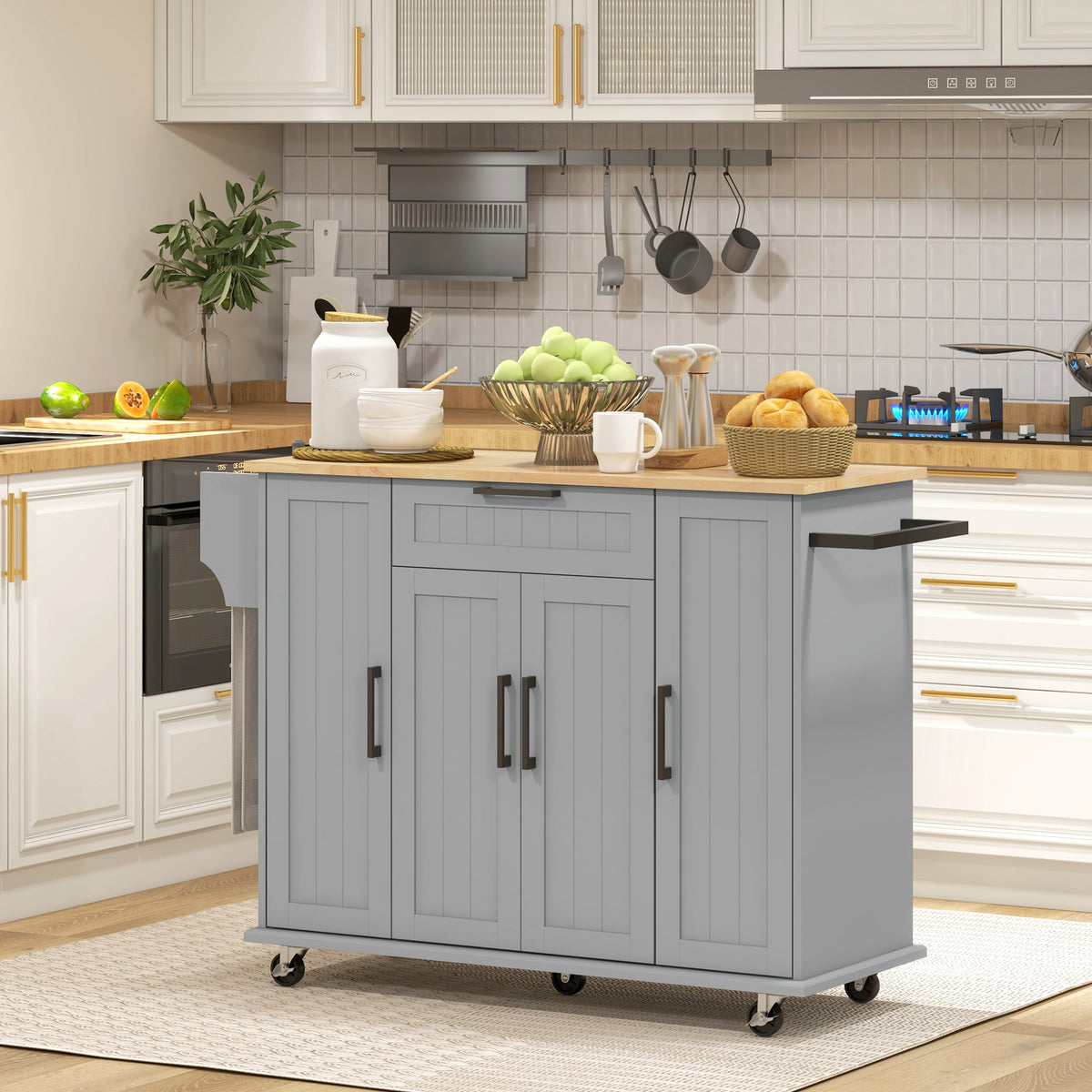 Modern Rolling Kitchen Island Cart with Drawers, Natural Wood Top, Towel Rack, Door Storage Cabinet, Grey