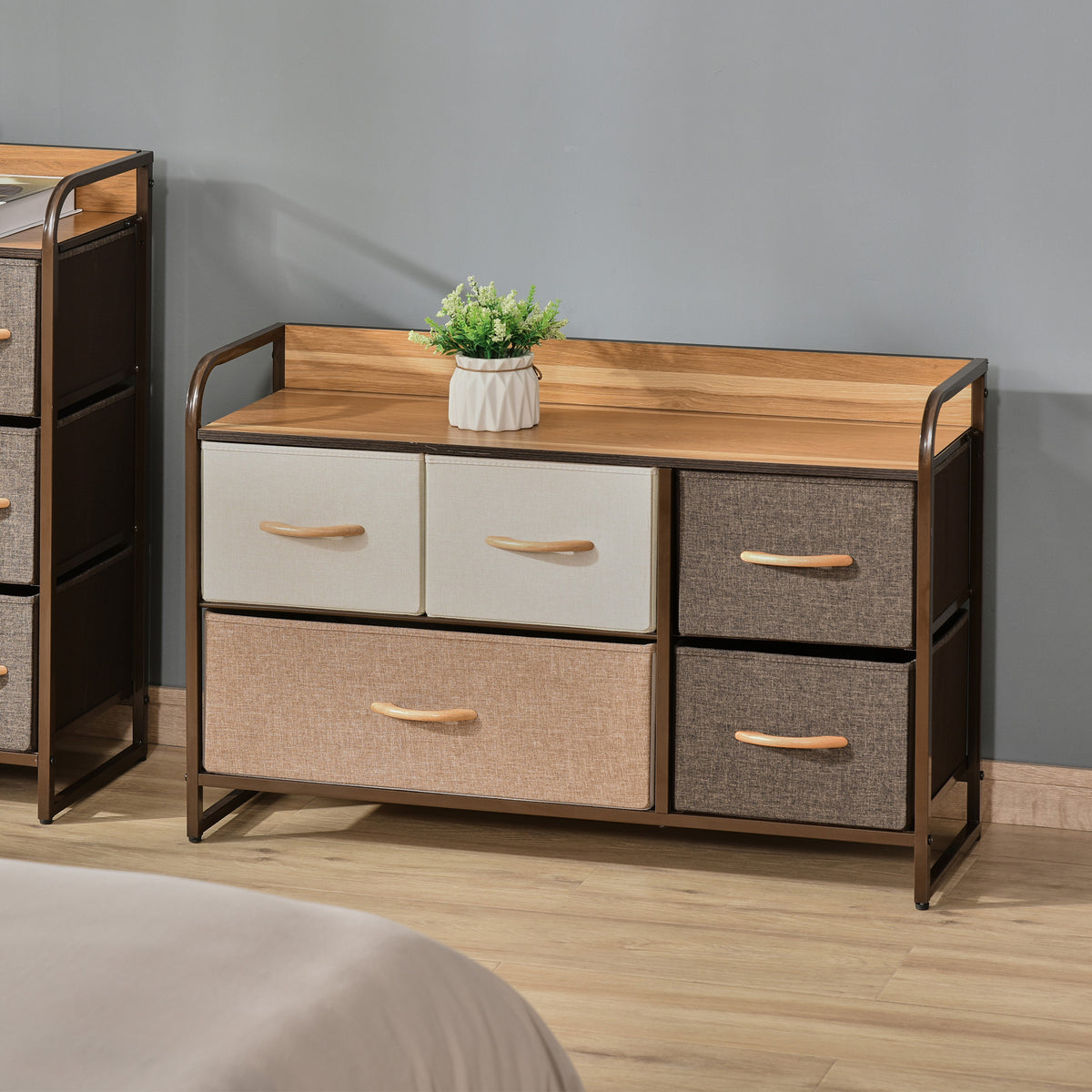 5-Bin Dresser Storage Tower Cabinet Organizer Unit, Easy Pull Fabric Bins with Metal Frame for Bedroom