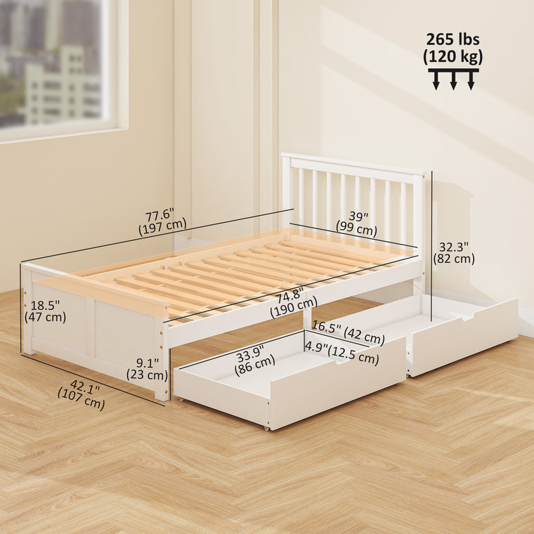 Pine Twin Storage Bed Frame with Drawers - White