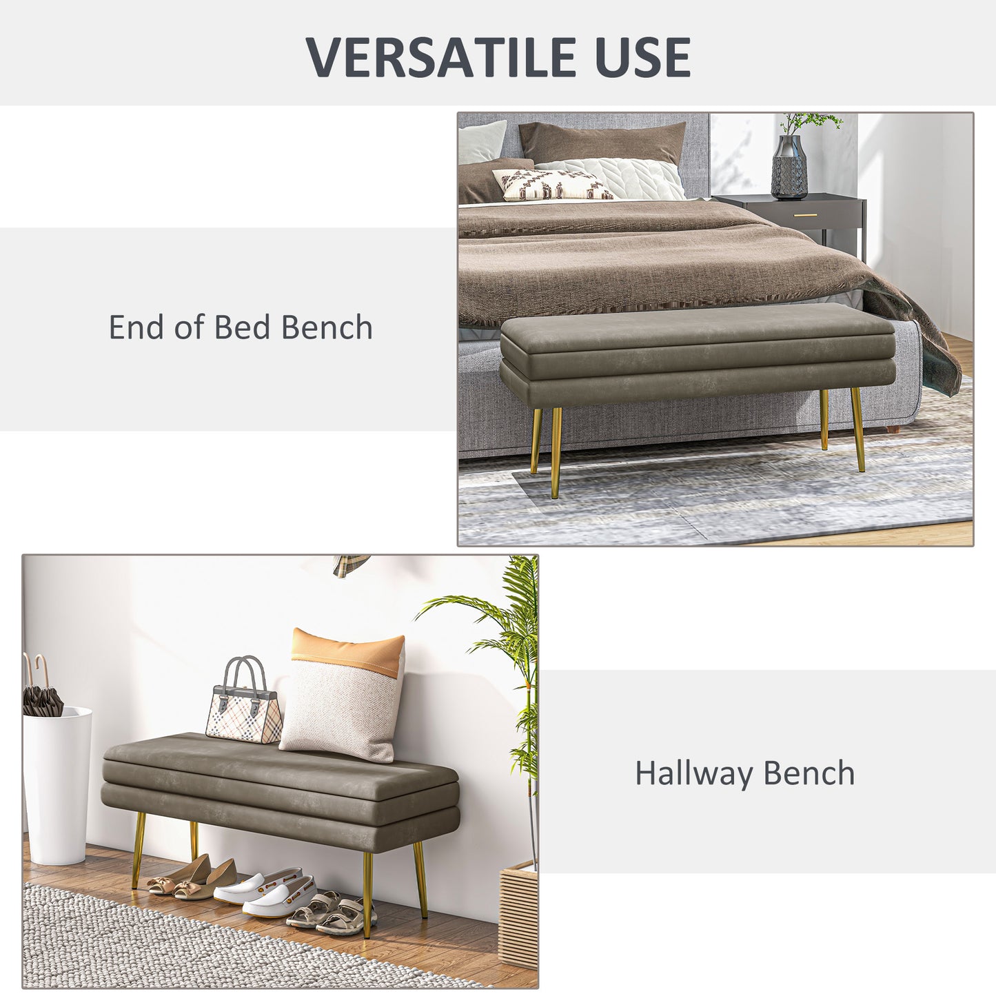 39" Storage Ottoman, Velvet End of Bed Bench with Steel Legs, Foot Stool with Storage for Bedroom, Living Room, Beige