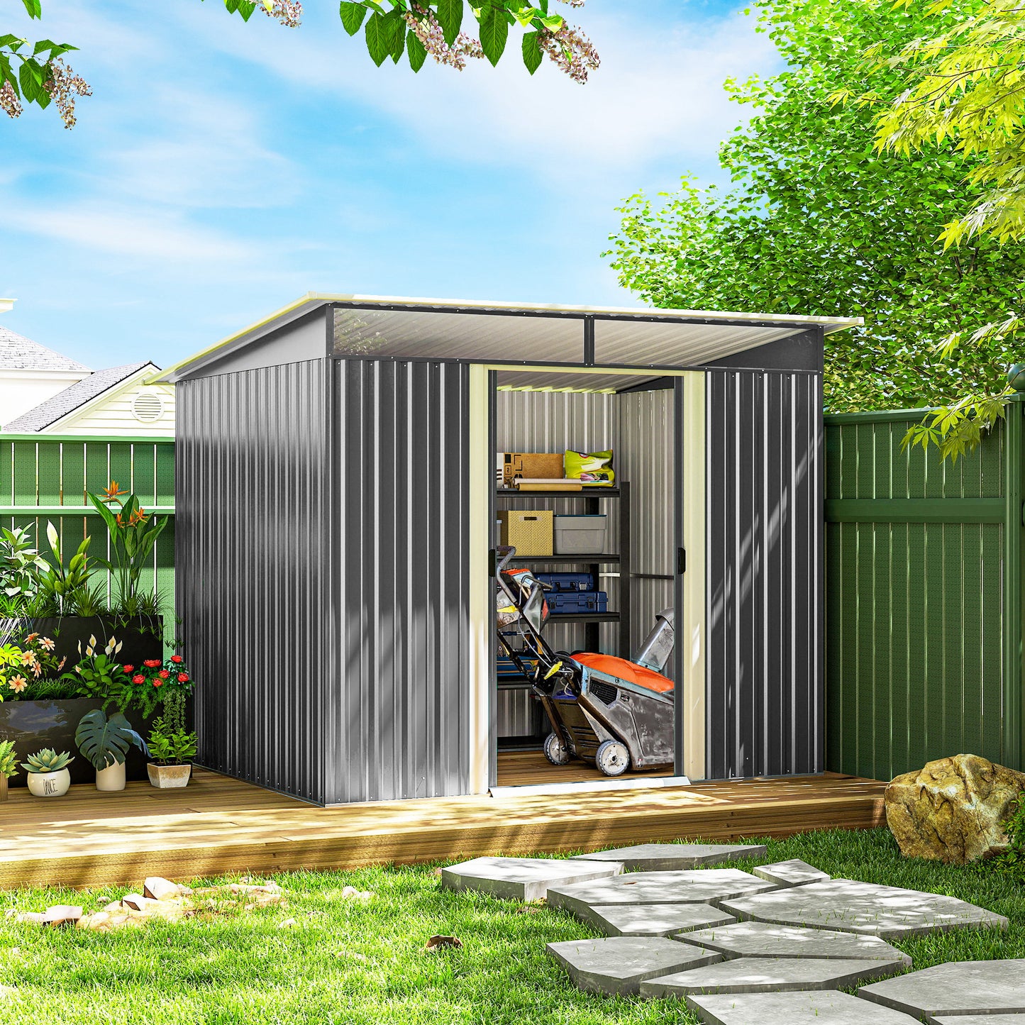 8.5' x 6' Small Gardening Shed Lockable Steel Utility Storage Outdoor Backyard Garden for Gardeners, Grey