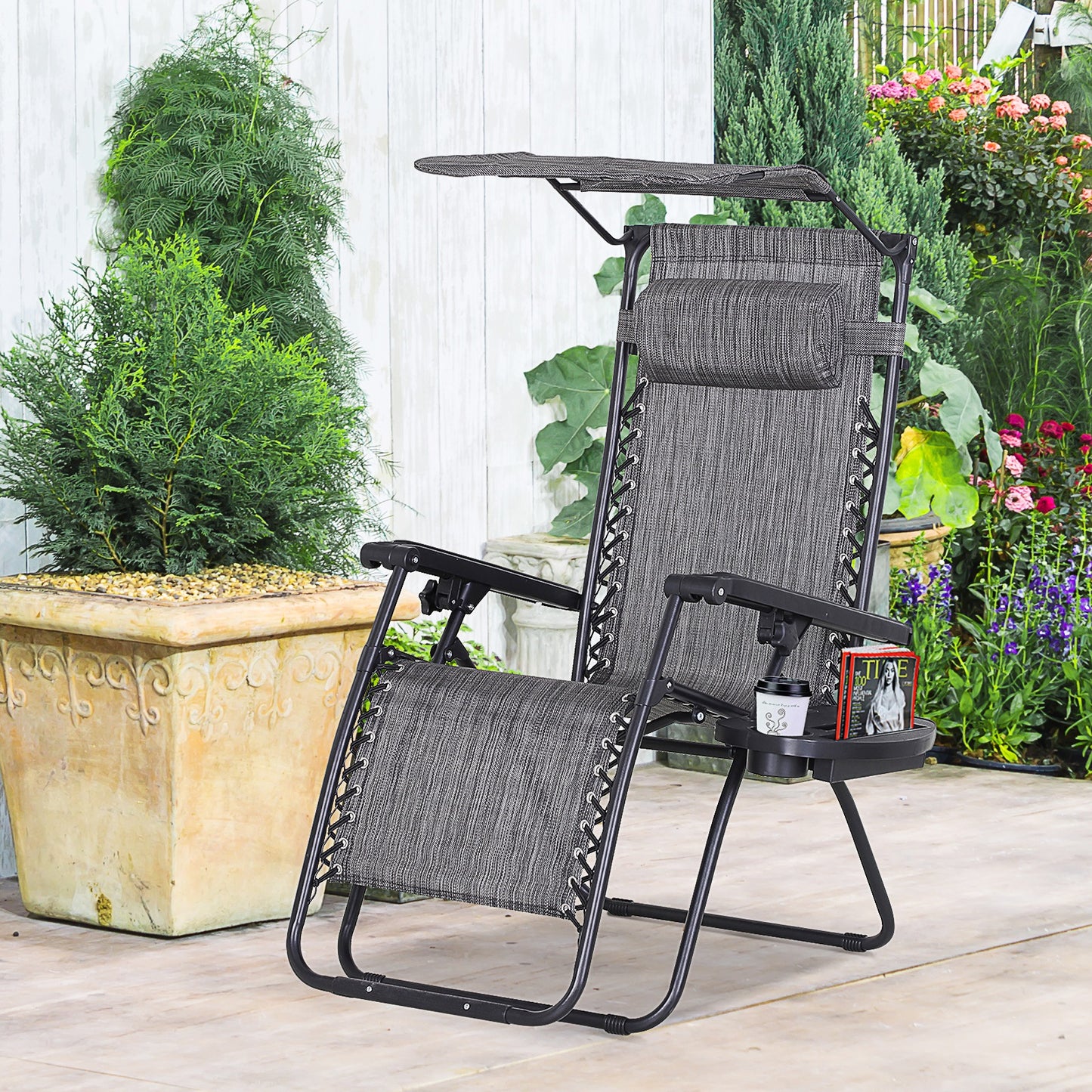 Outdoor Zero Gravity Reclining Lounger Chair with Canopy Shade, Side Tray, Cupholder, Beige