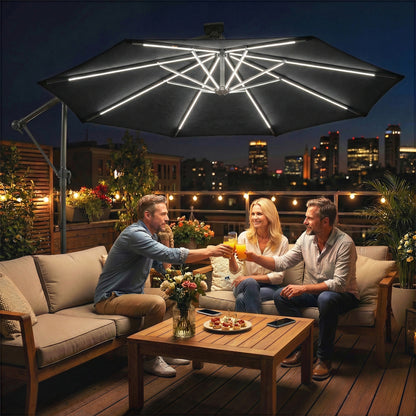 10' Black Offset Patio Umbrella with Solar Light & 360° Rotation