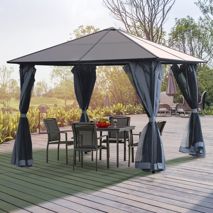 9.8' x 9.8' Grey Aluminum Hardtop Gazebo with Mesh Curtains