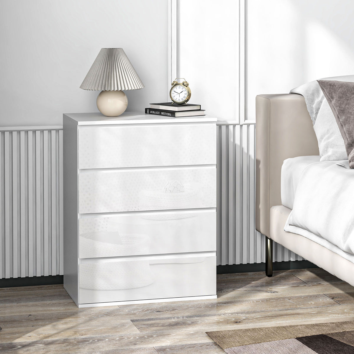 4 Drawer Cabinet, High Gloss Drawer Chest for Bedroom, Chest of Drawers with Metal Runners and Groove Handles, White