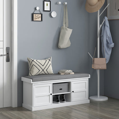 Shoe Storage Bench with Cushioned Seat & 2 Cabinets - White