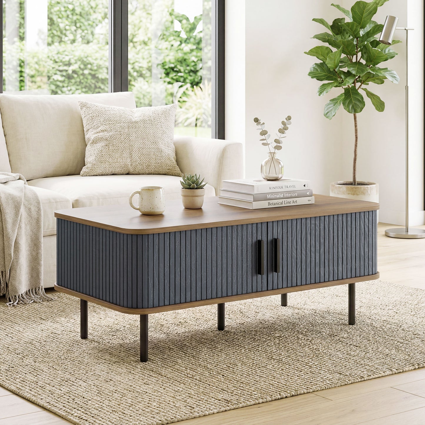 Nordic Side Table with Fluted Tambour Sliding Doors and Steel Legs, Coffee Table with Storage for Living Room, Black