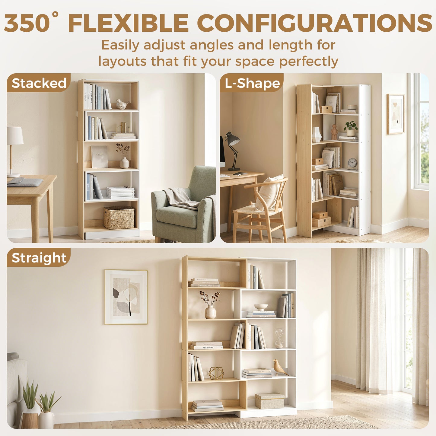 Corner Bookshelf, 5-Tier L-Shaped Bookcase with 350° Rotating Design, Two-Tone, Fruitwood/White