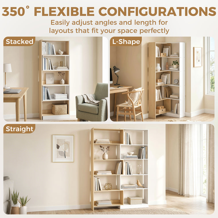 5-Tier L-Shaped Rotating Corner Bookcase - Fruitwood/White