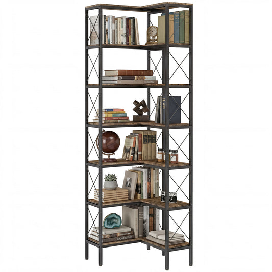 6-Tier L-Shaped Corner Bookcase with Metal Frame - Rustic Brown