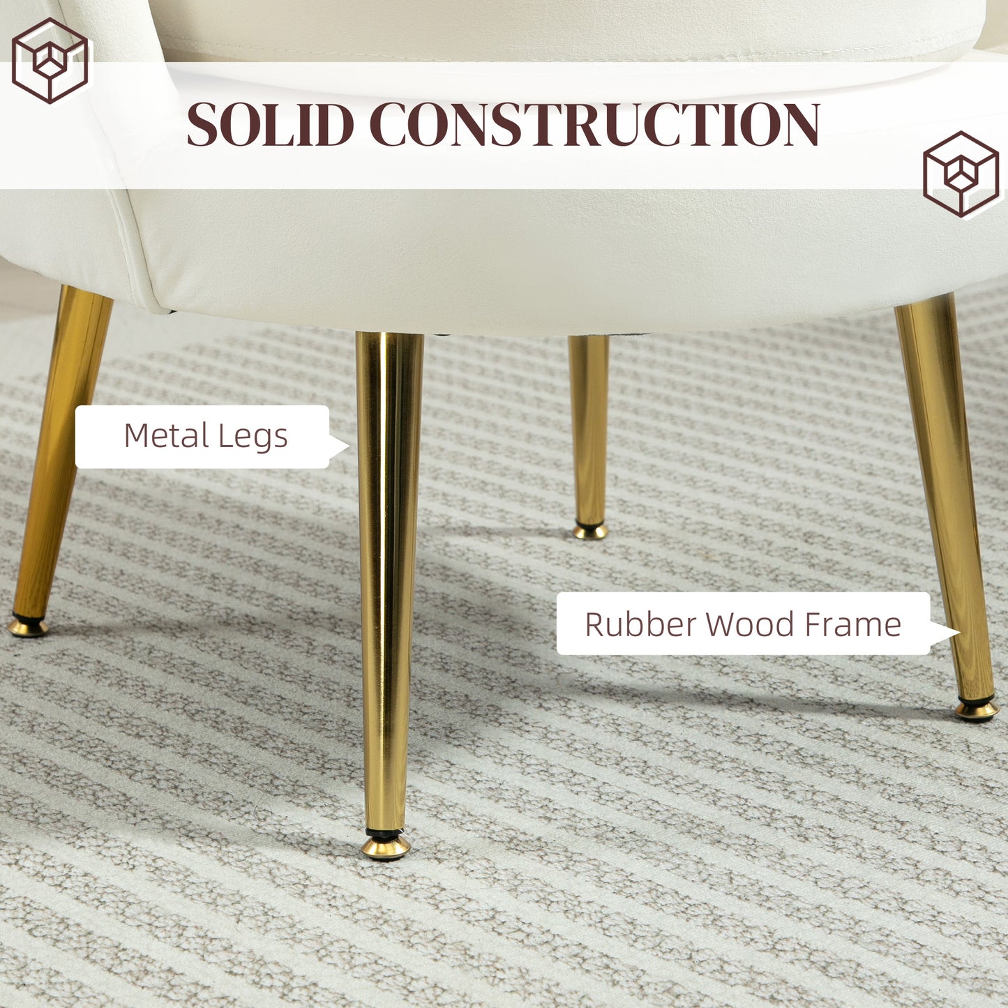 Modern Accent Chair, Velvet-Touch Fabric Leisure Club Chair with Gold Metal Legs for Bedroom, Cream White