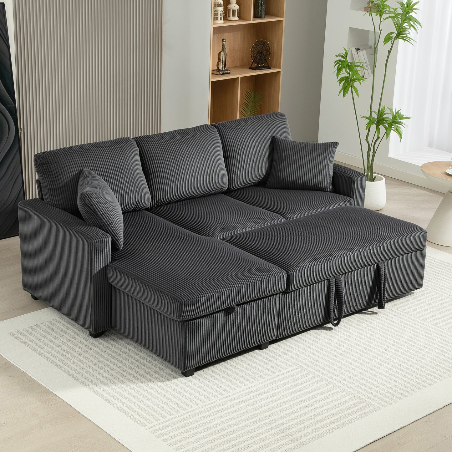 81" Pull-Out Corduroy Sofa Bed with Storage - Dark Grey