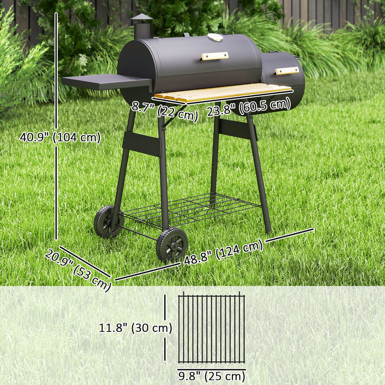 124 x 53 x 104 cm Black Charcoal BBQ Grill with Offset Smoker
