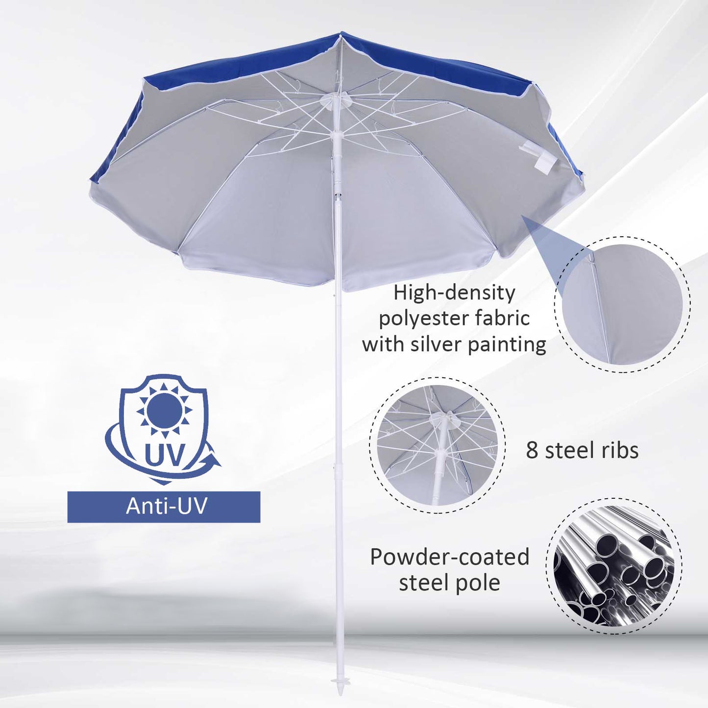 6.7ft Beach Umbrella with Push Button Tilt, Ruffled Outdoor Umbrella with Carry Bag and 8 Ribs, Blue